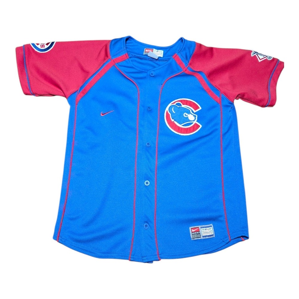 Vintage Nike Chicago Cubs Kids Large Jersey Blue Red MLB Button-Up Baseball